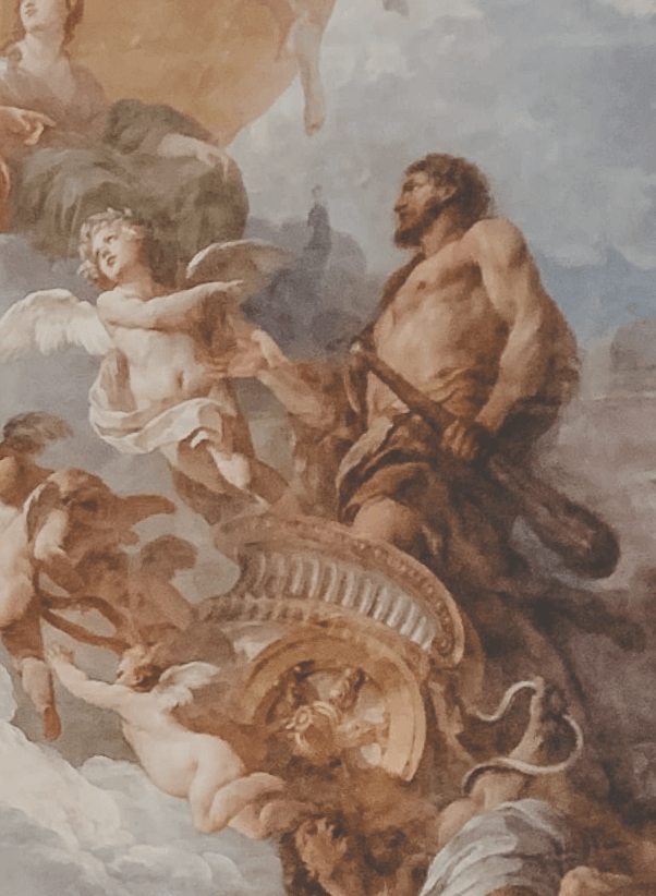 Renaissance-style fresco depicting a muscular man with a club interacting with cherubs and a woman above in flowing robes.