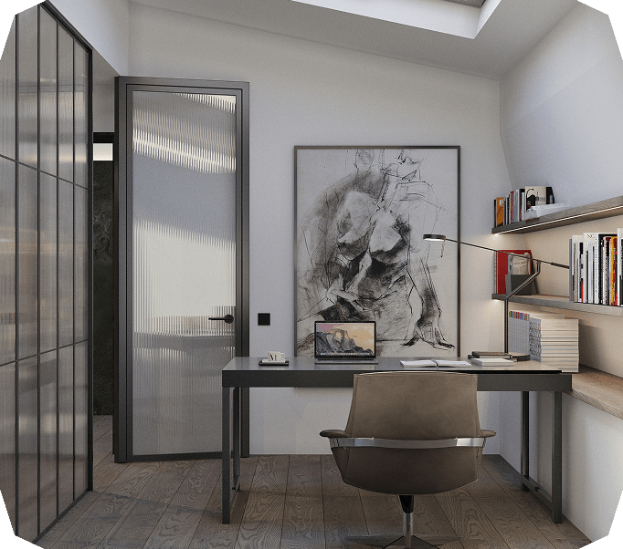 Minimalist office with a modern desk, brown leather chair, open laptop, large abstract art on the wall, floating shelves with books, and a glass door.