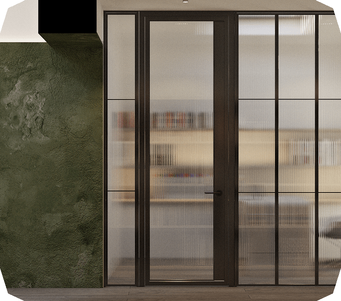 Modern black-framed glass door with frosted panels set in a wall with dark green textured paint.