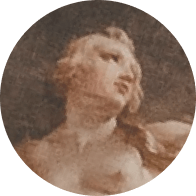 Close-up of a classical painting showing a person with blond hair looking upward and to the side.