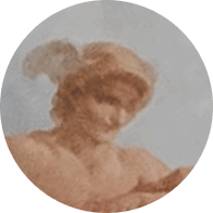 Circular, blurred close-up of a person with curly hair, looking downward against a light background.